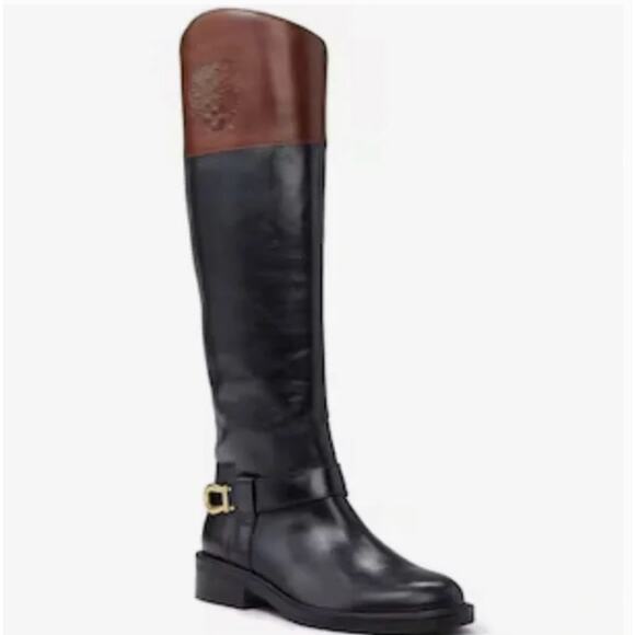 Vince Camuto Amanyir Riding Boots 5 NWOT Black Tan Tall Knee High Leather Prep - Picture 1 of 9